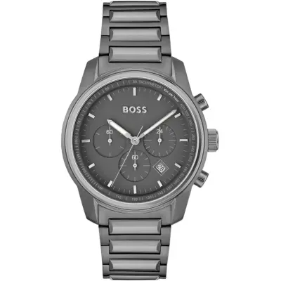 Hugo Boss Watch Men Gray Dial Metal Stainless Strap Quartz Battery Analog Chronograph Trace 1514005