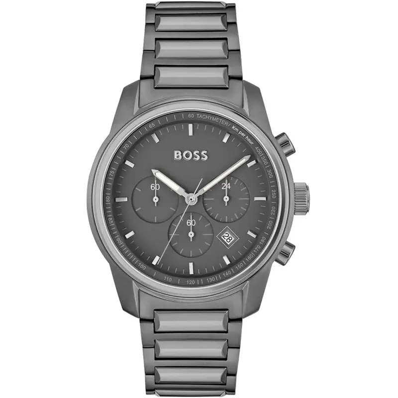 Hugo Boss Watch Men Gray Dial Metal Stainless Strap Quartz Battery Analog Chronograph Trace 1514005
