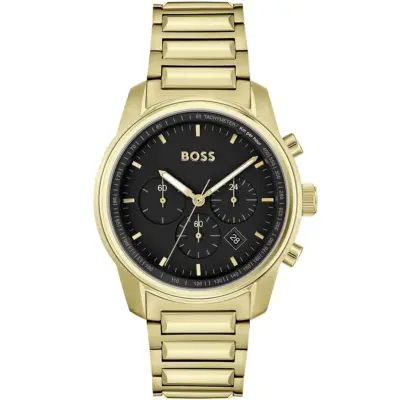 Hugo Boss Watch Men Black Dial Metal Stainless Gold Strap Quartz Battery Analog Chronograph Trace 1514006