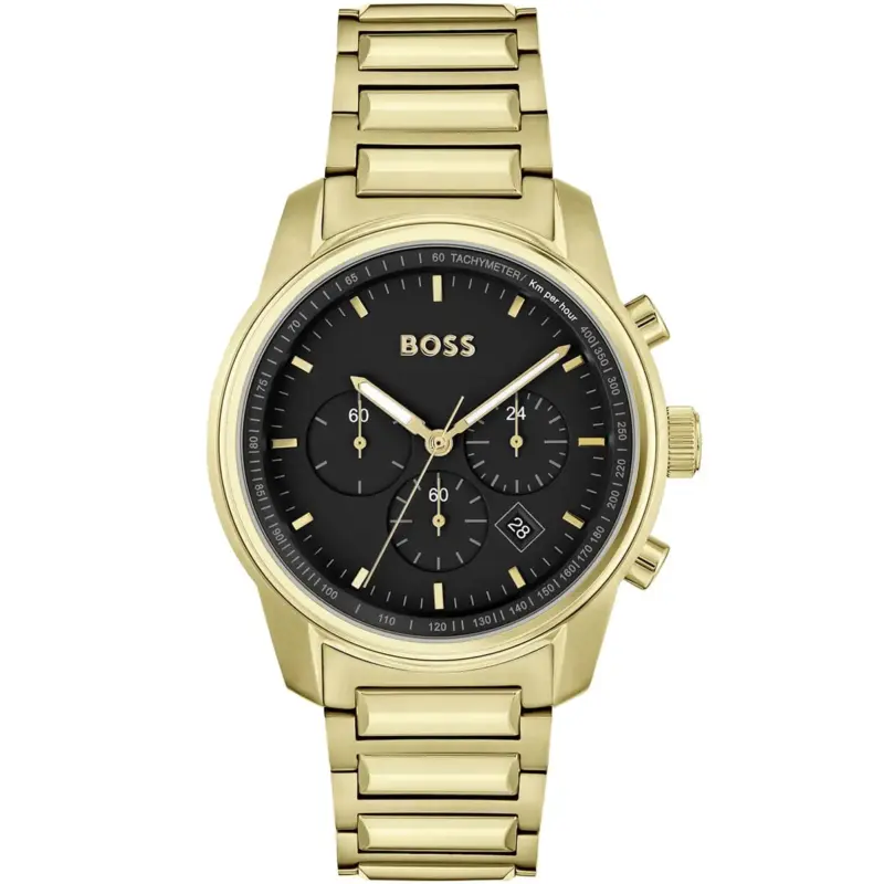 Hugo Boss Watch Men Black Dial Metal Stainless Gold Strap Quartz Battery Analog Chronograph Trace 1514006