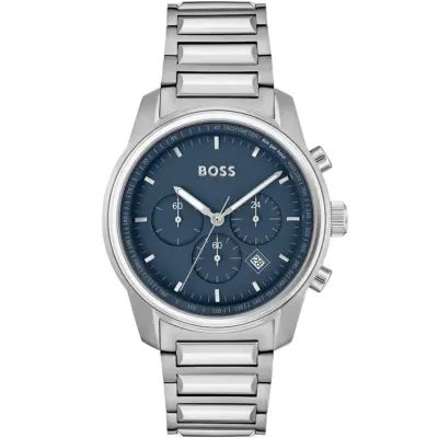 Hugo Boss Watch Men Blue Dial Metal Stainless Silver Strap Quartz Battery Analog Chronograph Trace 1514007