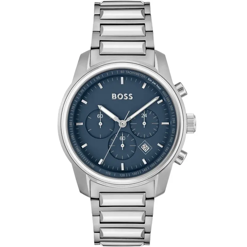 Hugo Boss Watch Men Blue Dial Metal Stainless Silver Strap Quartz Battery Analog Chronograph Trace 1514007