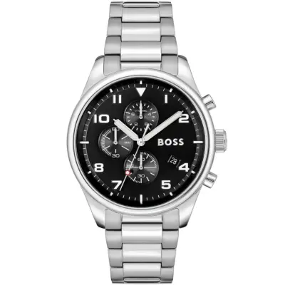 Hugo Boss Watch Men Black Dial Metal Stainless Silver Strap Quartz Battery Analog Chronograph View 1514008