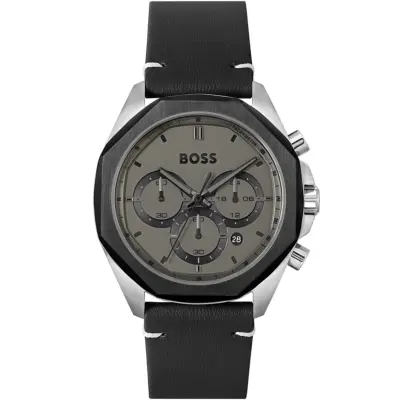 Hugo Boss Watch Men Gray Dial Leather Black Strap Quartz Battery Analog Chronograph Cloud 1514014