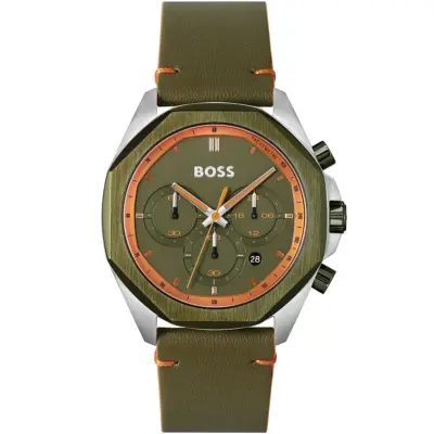 Hugo Boss Watch Men Green Dial Leather Strap Quartz Battery Analog Chronograph Cloud 1514018