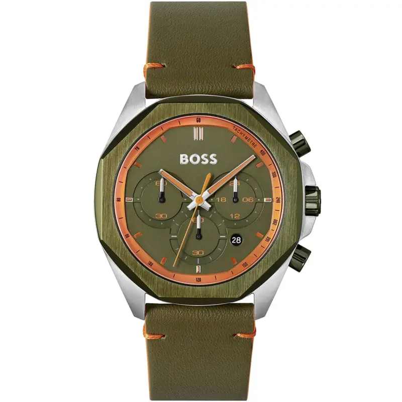 Hugo Boss Watch Men Green Dial Leather Strap Quartz Battery Analog Chronograph Cloud 1514018