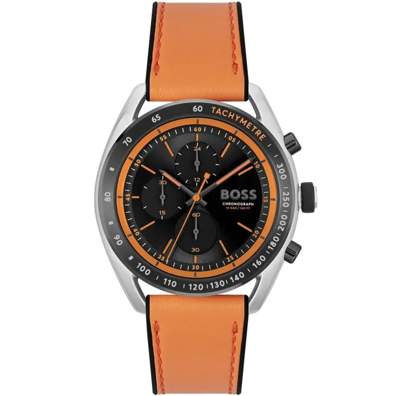 Hugo Boss Watch Chronograph 10bar 330ft Men Black Dial Rubber Orange Strap Quartz Battery Analog Centre Court 1514025