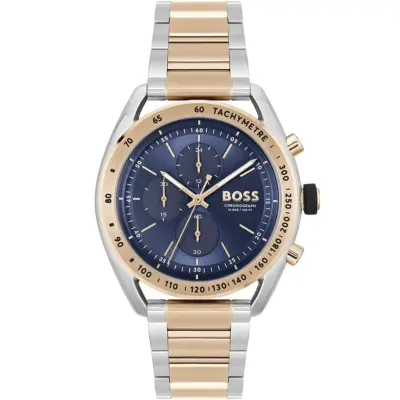Hugo Boss Watch Men Blue Dial Metal Stainless Silver Rose Gold Strap Quartz Battery Analog Chronograph Center Court 1514026