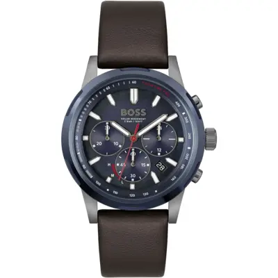 Hugo Boss Watch Solar Movement 5bar 165ft Men Blue Dial Leather Brown Strap Quartz Battery Analog Chronograph Solgrade 1514030