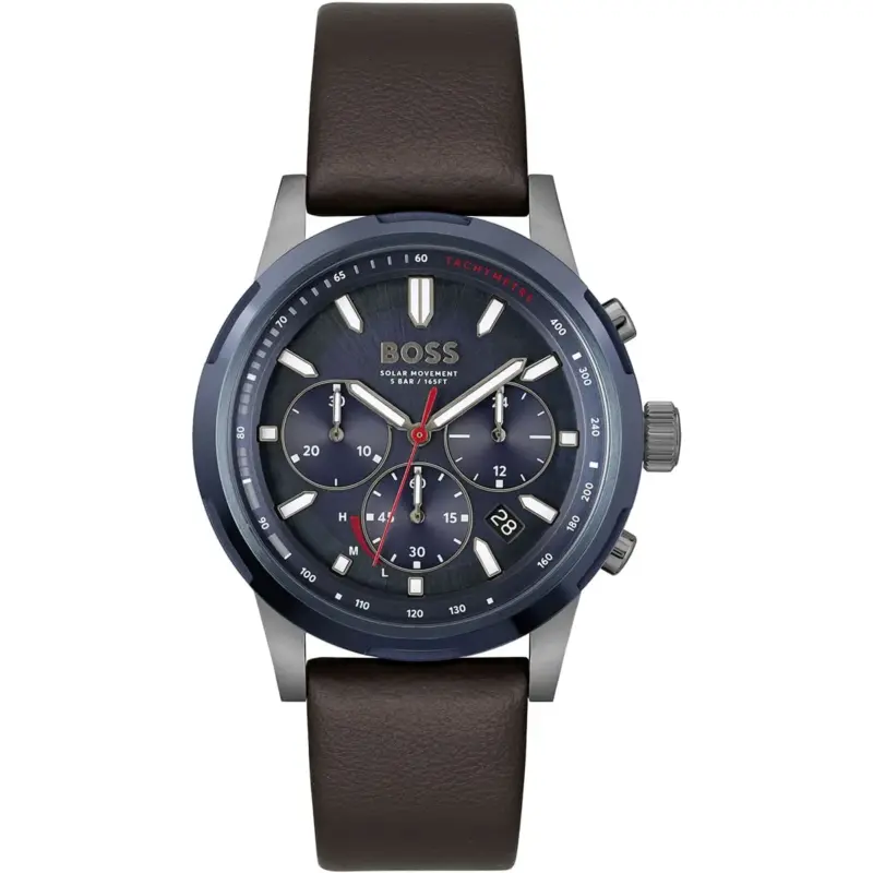 Hugo Boss Watch Solar Movement 5bar 165ft Men Blue Dial Leather Brown Strap Quartz Battery Analog Chronograph Solgrade 1514030