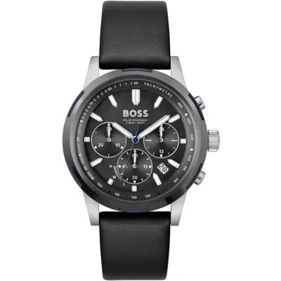 Hugo Boss Watch Solar Movement 5bar 165ft Men Black Dial Leather Strap Quartz Battery Analog Chronograph Solgrade 1514031