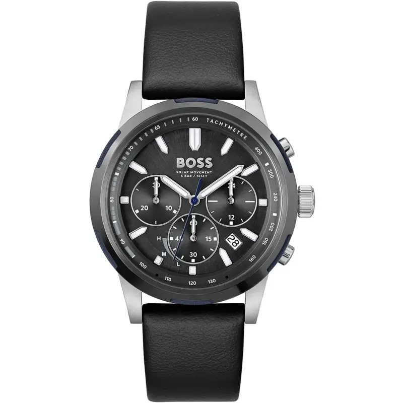 Hugo Boss Watch Solar Movement 5bar 165ft Men Black Dial Leather Strap Quartz Battery Analog Chronograph Solgrade 1514031