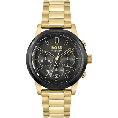 Hugo Boss Watch Solar Movement 5bar 165ft Men Black Dial Metal Stainless Gold Strap Quartz Battery Analog Chronograph Solgrade 1514033