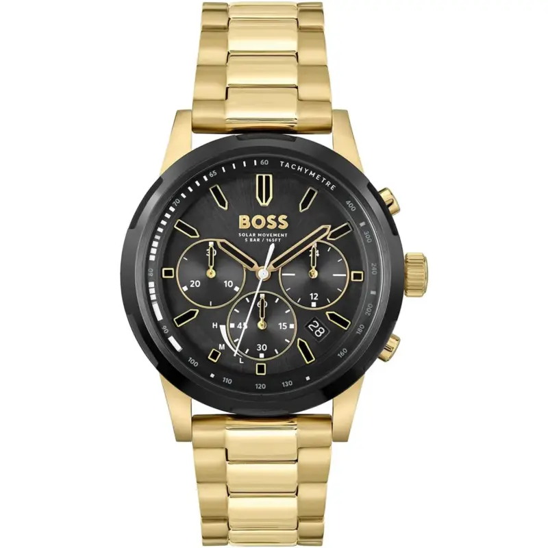 Hugo Boss Watch Solar Movement 5bar 165ft Men Black Dial Metal Stainless Gold Strap Quartz Battery Analog Chronograph Solgrade 1514033