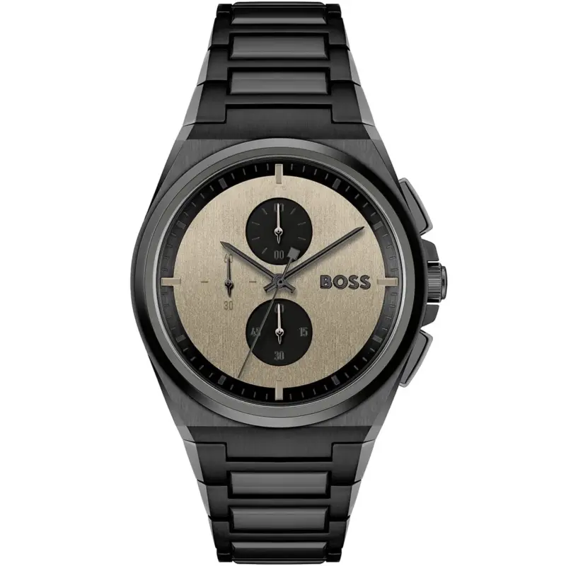 Hugo Boss Watch Men Brown Dial Metal Stainless Black Strap Quartz Battery Analog Chronograph Steer 1514043