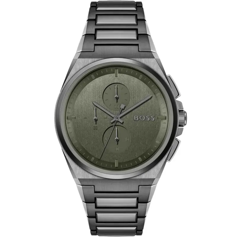 Hugo Boss Watch Men Green Dial Metal Stainless Gray Strap Quartz Battery Analog Chronograph Steer 1514045