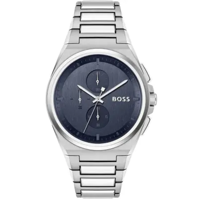 Hugo Boss Watch Men Blue Dial Metal Stainless Silver Strap Quartz Battery Analog Chronograph Steer 1514048