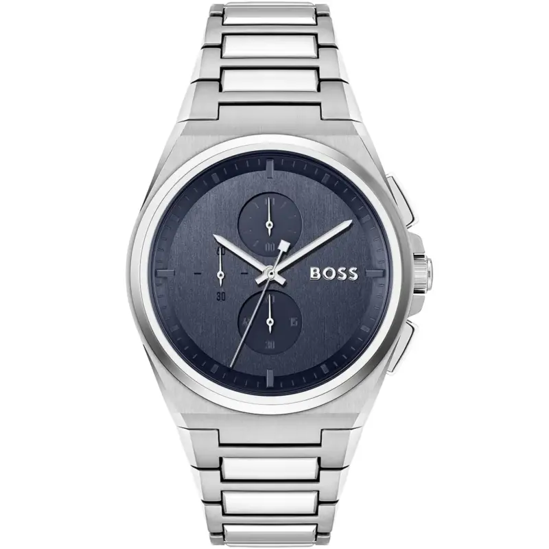Hugo Boss Watch Men Blue Dial Metal Stainless Silver Strap Quartz Battery Analog Chronograph Steer 1514048
