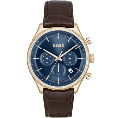 Hugo Boss Watch Men Blue Dial Leather Brown Strap Quartz Battery Analog Chronograph Gregor 1514050