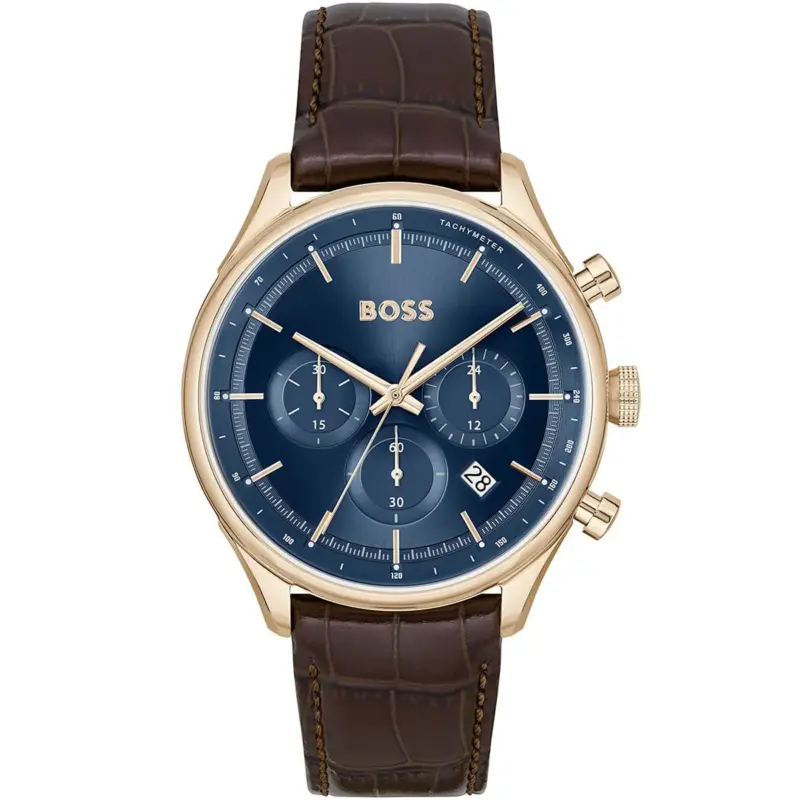 Hugo Boss Watch Men Blue Dial Leather Brown Strap Quartz Battery Analog Chronograph Gregor 1514050