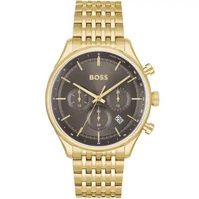 Hugo Boss Watch Men Gray Dial Metal Stainless Gold Strap Quartz Battery Analog Chronograph Gregor 1514051