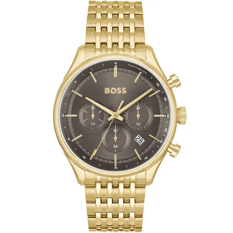 Hugo Boss Watch Men Gray Dial Metal Stainless Gold Strap Quartz Battery Analog Chronograph Gregor 1514051
