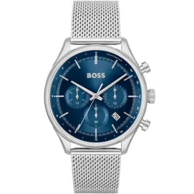 Hugo Boss Watch Men Blue Dial Metal Stainless Silver Mesh Strap Quartz Battery Analog Chronograph Gregor 1514052