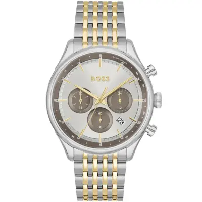 Hugo Boss Watch Men Silver Dial Metal Stainless Gold Strap Quartz Battery Analog Chronograph Gregor 1514053