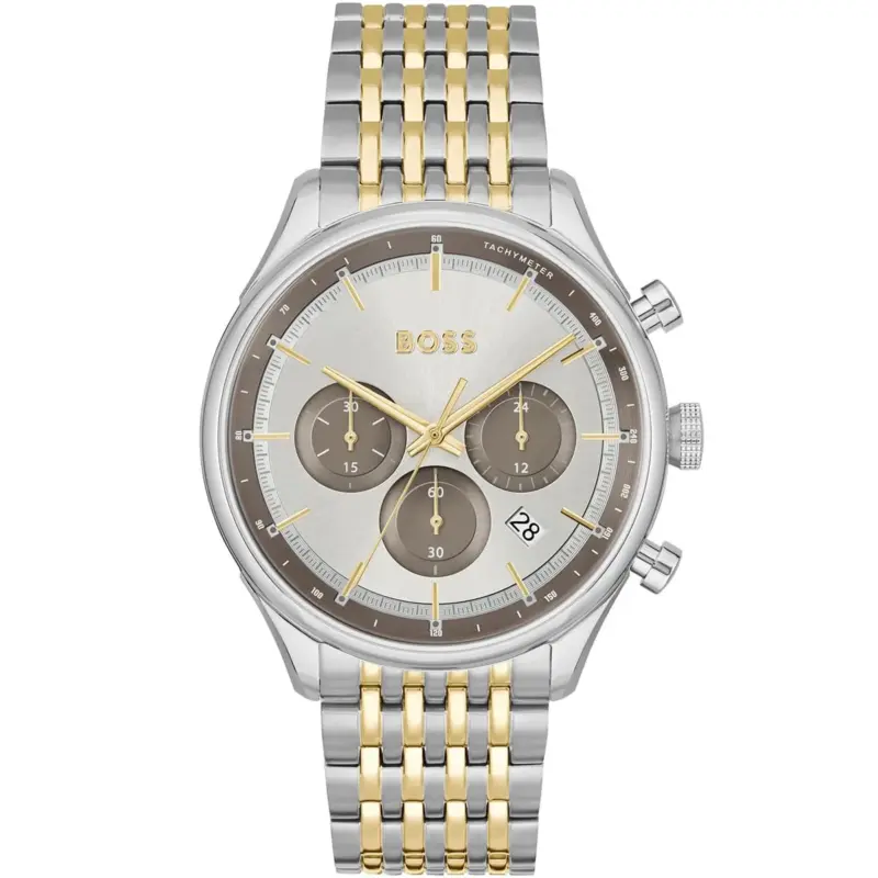 Hugo Boss Watch Men Silver Dial Metal Stainless Gold Strap Quartz Battery Analog Chronograph Gregor 1514053