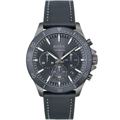 Hugo Boss Watch Chronograph 5bar 165ft Men Blue Dial Leather Strap Quartz Battery Analog Troper 1514056