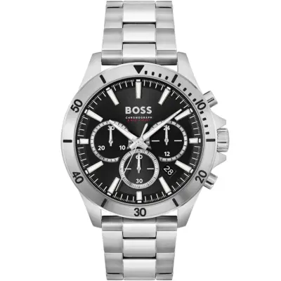 Hugo Boss Watch Chronograph 5bar 165ft Men Black Dial Metal Stainless Silver Strap Quartz Battery Analog Troper 1514057