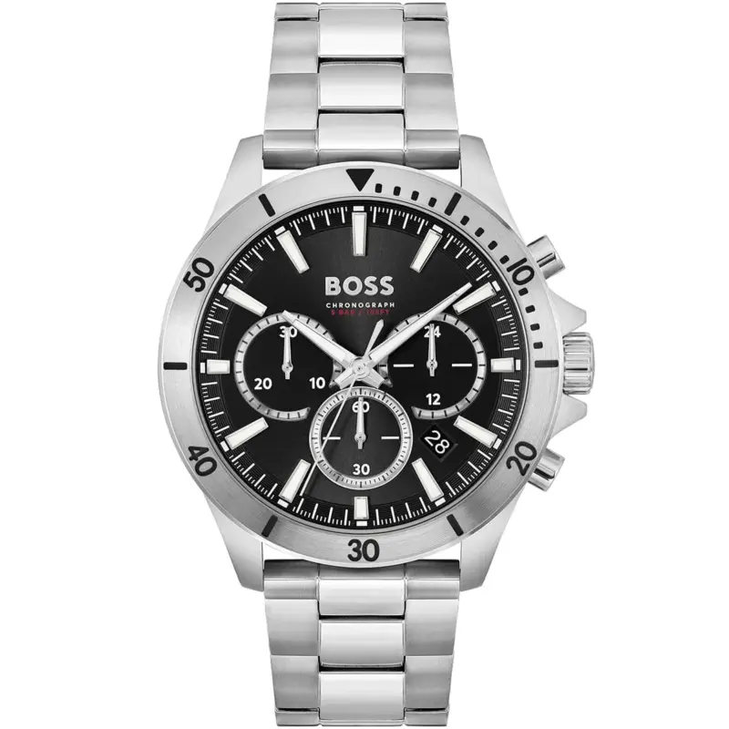 Hugo Boss Watch Chronograph 5bar 165ft Men Black Dial Metal Stainless Silver Strap Quartz Battery Analog Troper 1514057