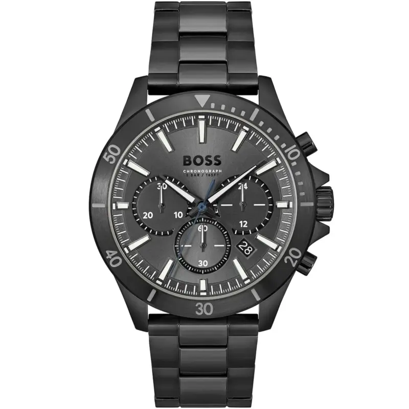 Hugo Boss Watch Chronograph 5bar 165ft Men Black Dial Metal Stainless Strap Quartz Battery Analog Troper 1514058