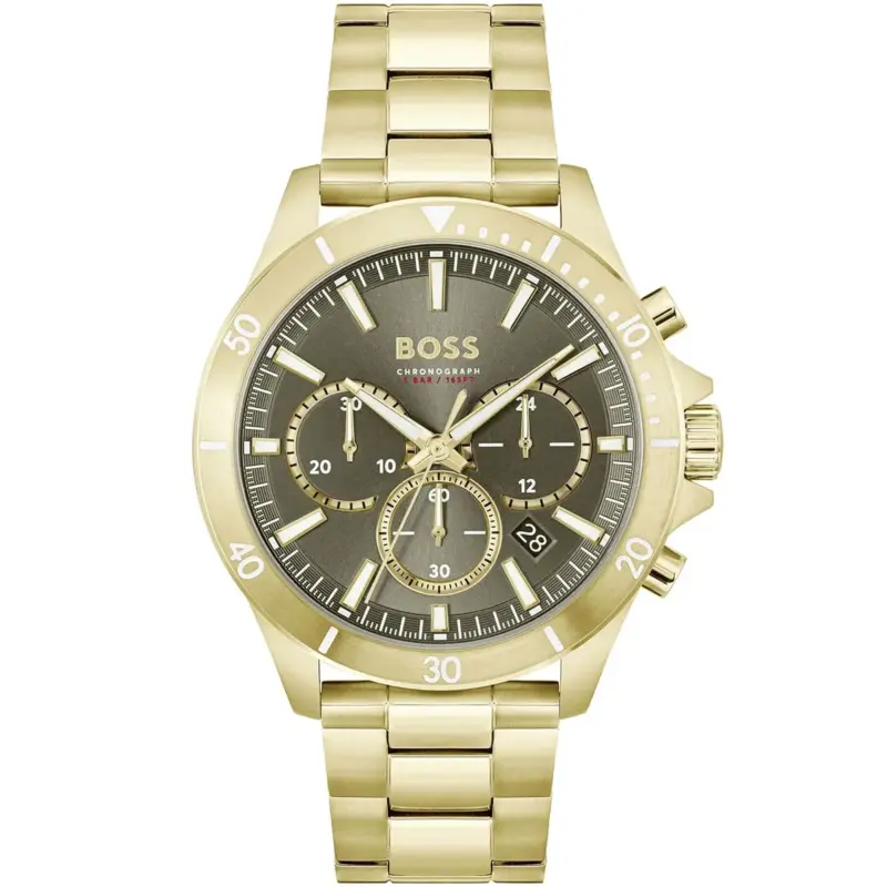 Hugo Boss Watch Chronograph 5bar 165ft Men Gray Dial Metal Stainless Gold Strap Quartz Battery Analog Troper 1514059
