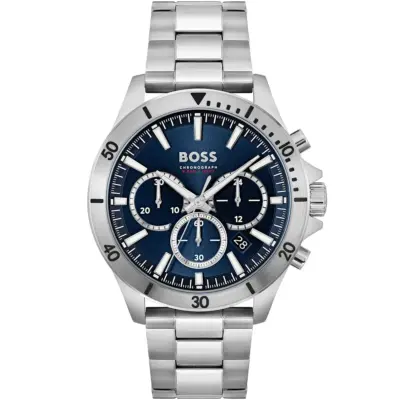 Hugo Boss Watch Men Blue Dial Metal Stainless Silver Strap Quartz Battery Analog Chronograph Troper 1514069