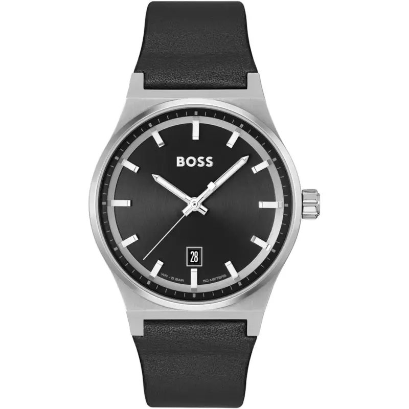 Hugo Boss Watch Men Black Dial Leather Strap Quartz Battery Analog Three Hand Candor 1514075