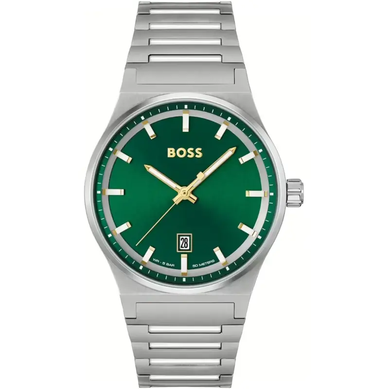 Hugo Boss Watch Men Green Dial Metal Stainless Silver Strap Quartz Battery Analog Three Hand Candor 1514079
