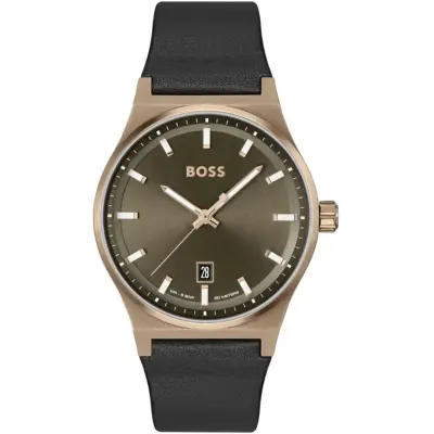 Hugo Boss Watch Men Green Dial Leather Black Strap Quartz Battery Analog Three Hand Candor 1514080