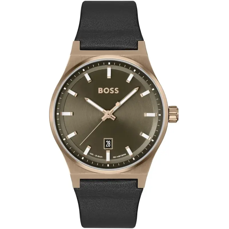Hugo Boss Watch Men Green Dial Leather Black Strap Quartz Battery Analog Three Hand Candor 1514080