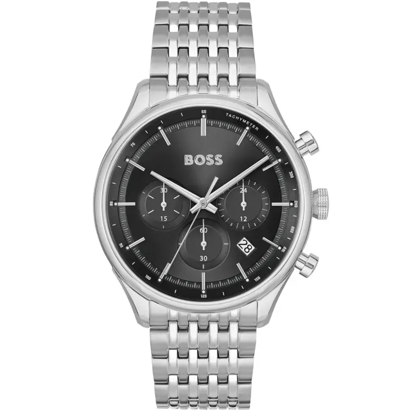 Hugo Boss Watch Men Black Dial Metal Stainless Silver Strap Quartz Battery Analog Chronograph Gregor 1514082
