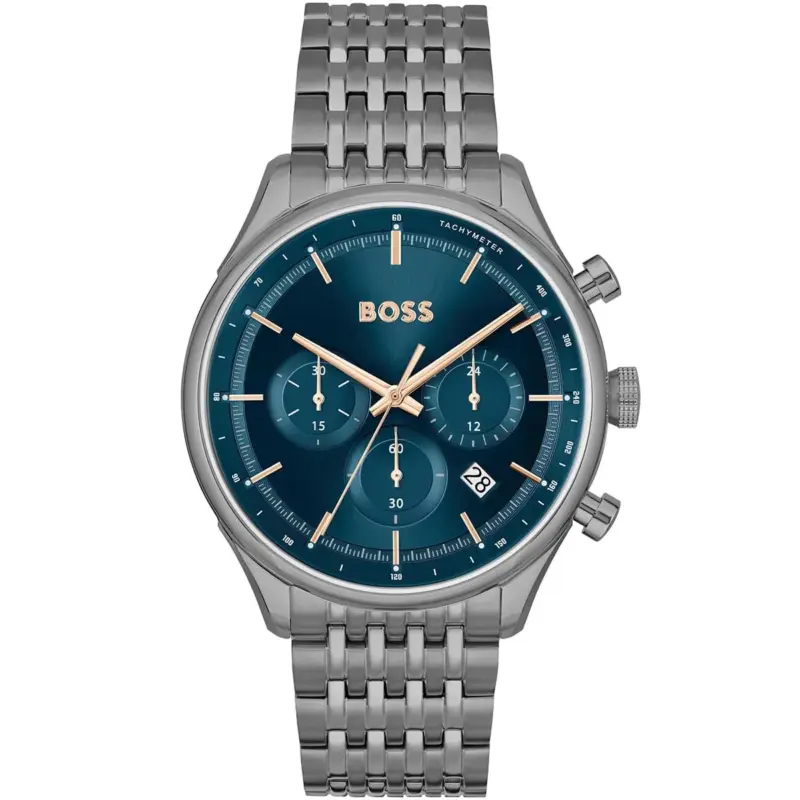 Hugo Boss Watch Men Blue Dial Metal Stainless Gray Strap Quartz Battery Analog Chronograph Gregor 1514083