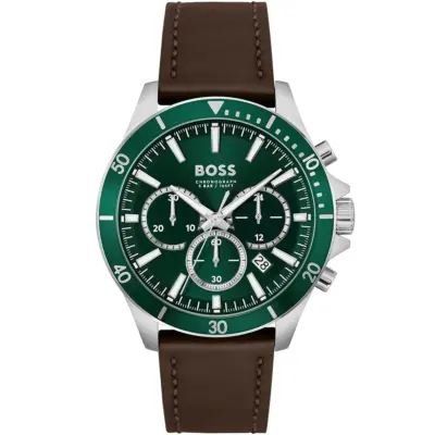 Hugo Boss Watch Men Green Dial Leather Brown Strap Quartz Battery Analog Chronograph Troper 1514098