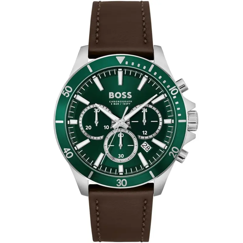 Hugo Boss Watch Men Green Dial Leather Brown Strap Quartz Battery Analog Chronograph Troper 1514098