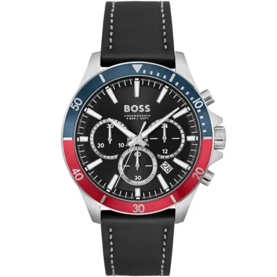 Hugo Boss Watch Men Black Dial Leather Strap Quartz Battery Analog Chronograph Troper 1514099
