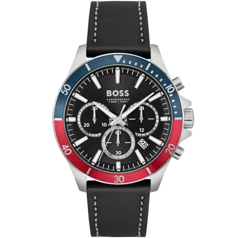 Hugo Boss Watch Men Black Dial Leather Strap Quartz Battery Analog Chronograph Troper 1514099