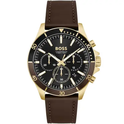 Hugo Boss Watch Men Black Dial Leather Brown Strap Quartz Battery Analog Chronograph Troper 1514100