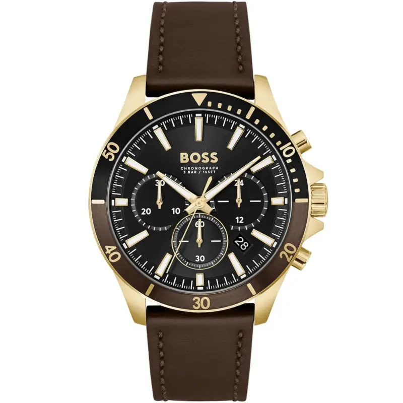 Hugo Boss Watch Men Black Dial Leather Brown Strap Quartz Battery Analog Chronograph Troper 1514100