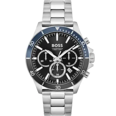 Hugo Boss Watch Men Black Dial Metal Stainless Silver Strap Quartz Battery Analog Chronograph Troper 1514101