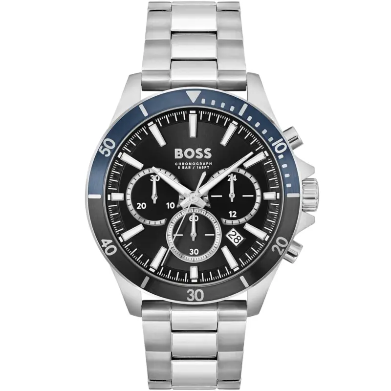 Hugo Boss Watch Men Black Dial Metal Stainless Silver Strap Quartz Battery Analog Chronograph Troper 1514101