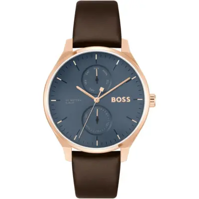 Hugo Boss Watch Men Blue Dial Leather Brown Strap Quartz Battery Analog Three Hand Tyler 1514103